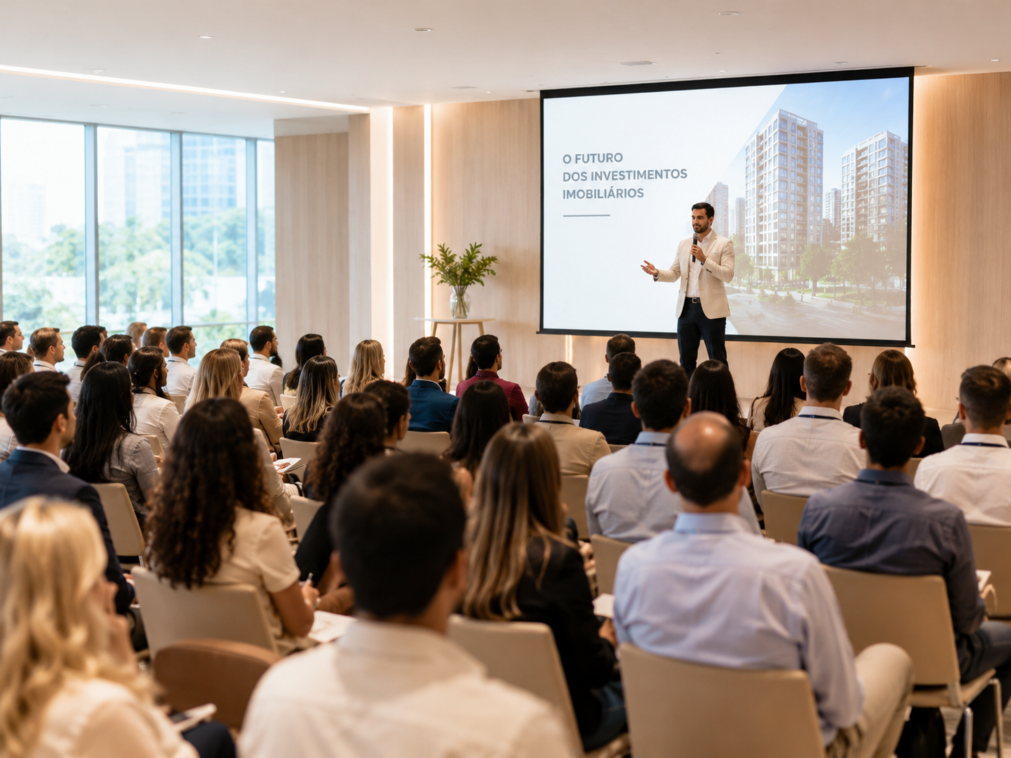 Palestrante em evento imobiliário apresentando 'O Futuro dos Investimentos Imobiliários' para plateia atenta em auditório iluminado